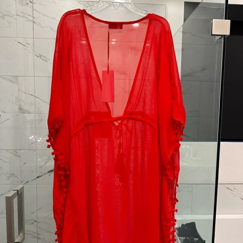 11-Cherry Red Tassel Trim Short Swim Cover by Shahida Parides